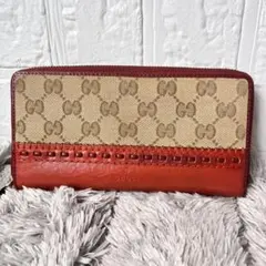 良品　GUCCI GGキャンバス オレンジブラウン　レザー　ラウンドファスナー