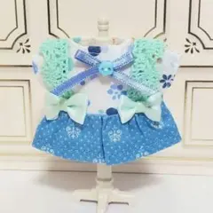 【10cmぬい服】ドットとレースの爽やかワンピース(青リボン)