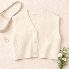 【GU】ニットベスト 白 L Vネック クロップド 前開き レイヤード