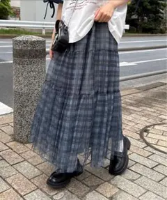 チェック チュールスカート kutir 青チェック ロングスカート クティール