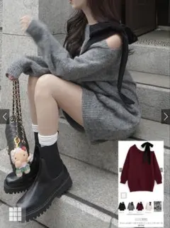 GRL ワンショルダーベロアリボンニットミニワンピース[dr796] グレー