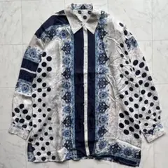 シルク100% スカーフ柄×ドット切替　長袖シャツ　ブラウス　光沢 大きいサイズ