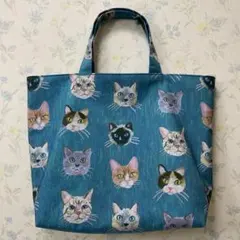 ハンドメイドトートバッグ　大きめ　エコバッグ　nora. 猫　ブルー