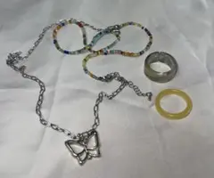 バタフライ ビーズ シルバーチェーン ネックレス リング アクセサリー3点セット