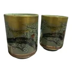 【美品】九谷焼 洋山 金彩 梅鳥文 湯呑み ペア 夫婦湯呑み 和食器 茶器