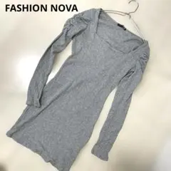 FASHION NOVA【S】くしゅくしゅ肩が可愛い！丈長インナーロンT グレー