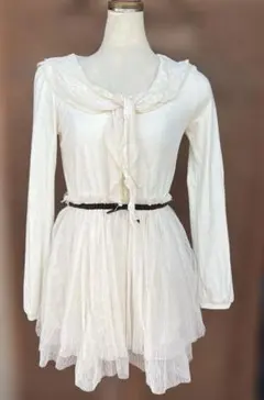 綺麗　長袖　チュールスカート　ミニ丈　フレアワンピース　アイボリー