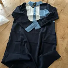 Sサイズ ワンピース レトロ アシンメトリー 切り替えワンピース 膝下 紺色