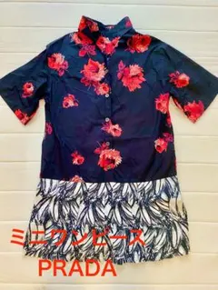 【PRADA】プラダ 半袖 ミニワンピース 薔薇柄 柄切替 黒/赤/白のサムネイル