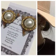 845 ブラウン☺︎べっ甲風とチェーン風ゴールドと大ぶりパールのピアス☺︎