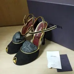 PRADA プラダ ブラック ゴールド オープントゥヒール サンダル ヒール
