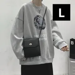 スウェット トレーナー グレー ロゴプリント 地球柄 オーバーサイズ ストリート