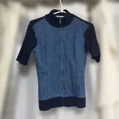 デニムとネイビーのショートスリーブニット　スポーティ