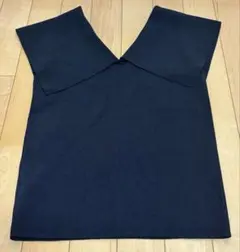 ノースリーブ ニット トップス ブラック 黒 Vネック ビッグカラー