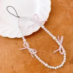 ビーズストラップ パール リボン スマホ キーホルダー チェーン チャーム 韓国