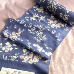 丹後ちりめん　反物　綺麗な青藤色に四季の草花　未仕立て　正絹　御所解小紋のサムネイル