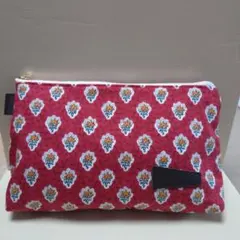 赤色花柄布製ポーチ 中型