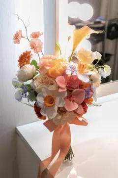 ウェディング造花ブーケ　オレンジ白ピンク