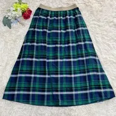 【ドゥセー】チェックスカート ロング丈 ウエストゴム グリーン ネイビー 麻混