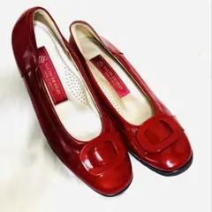 パンプス 本革 エナメル 赤 23.5cm 4E 4cmヒール サロンドグレー