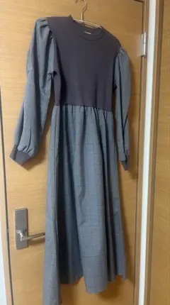 CPCMグレー チェック柄 ロングワンピース
