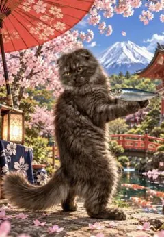 「富士桜とお魚を捧げる猫」｜L判 アート イラスト