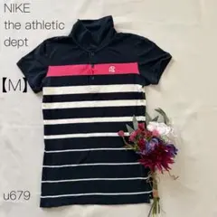 ナイキ　ボーダー柄半袖ポロシャツ　スポーティー　綿混　ネイビー　【M】