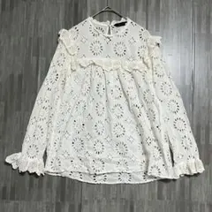 ザラウーマン　花柄レース フリルブラウス　白　XS