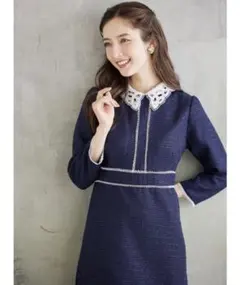 【新品】トッコ　２ＷＡＹレース襟付きラインレース×ツイードワンピース　ネイビー