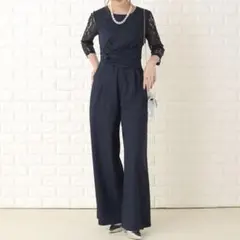 Lace Ladies レース七分袖ワイドレッグパンツドレス・オールインワン Ｍ
