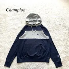 J7【チャンピオン】パーカー　プルオーバー　ツートン　ネイビー　ロゴ刺繍　M