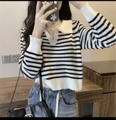 ポロニット ボーダー セーター ショートニット長袖カジュアル