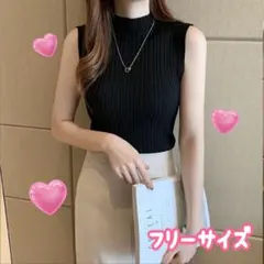 ノースリーブ　リブニット フリーサイズ　トップス ハイネック プリーツ　黒