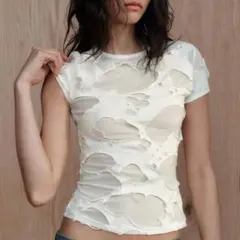 ZARA コントラストダメージＴシャツ ホワイト 4770/304 L
