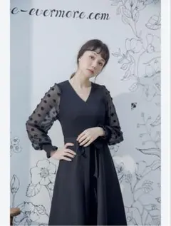 シアー袖ドットワンピース ブラック Vネック 膝丈 パーティー