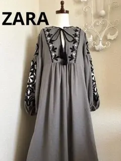 ZARA WOMAN ザラ フォークロア ボヘミアン 刺繍ワンピース グレー M