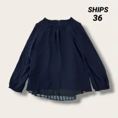 シップス　SHIPS プリーツ切り替え　ブラウス　長袖　ネイビー　36 日本製のサムネイル