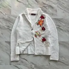 vintage ヴィンテージ 花柄 刺繍 ニットカーディガン ダブルジップ 白