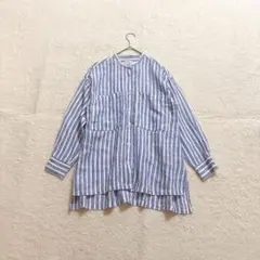 [美品]シップスエニィ オーガニックリネン ストライプシャツ バンドカラー