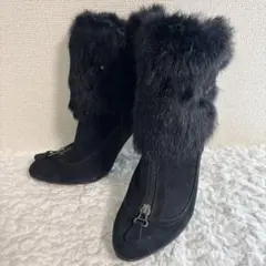 VII XII XXX ラビットファー スエードハイヒールブーツ ブラック