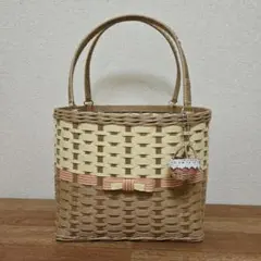 ♥️エコクラフト　ツートンのリボン付きかごバッグ〖中〗♥️ハンドメイド