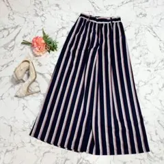 【体型カバー☆大人気アイテム】ストライプ ネイビー ワイドパンツ ガウチョパンツ