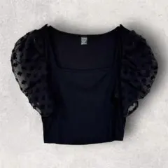 SHEIN　スクエアネックリブTシャツ　カットソー　ドット柄パフスリーブ　Sのサムネイル