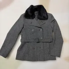 ダブルブレスト　ピーコート　ファー付き　ベルト付き　ウール混　M 茶　レトロ