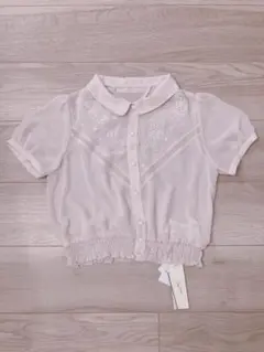 新品未使用タグ付きLily Brown 刺繍入りシアー半袖ブラウス ピンク