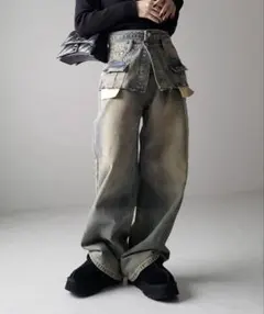 me+emselect ダブルウエストダメージレイヤードヴィンテージルーズデニム