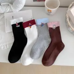 韓国風【4足セット】動物刺繍が可愛い ナチュラルカラー あったかやさしい履き心地