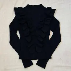 フリルニット リブニット モックネック 長袖 黒 平成ギャル フェミニン M