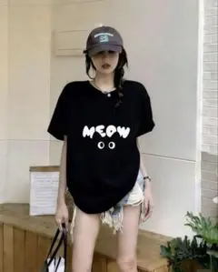 MEOW プリント 半袖Tシャツ ブラック M