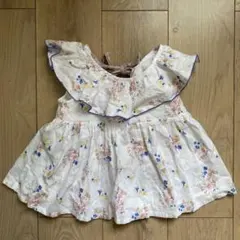 【418】petit main 襟フリル花柄半袖チュニック 90 ホワイト